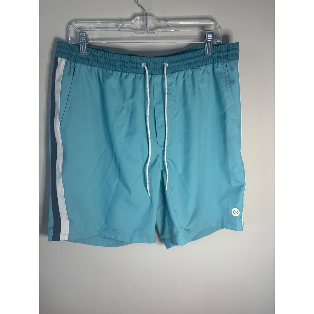 Outerknown Mens Swim Trunks XL Aqua Blue Side Stripe Recycled Quick Dry Shorts